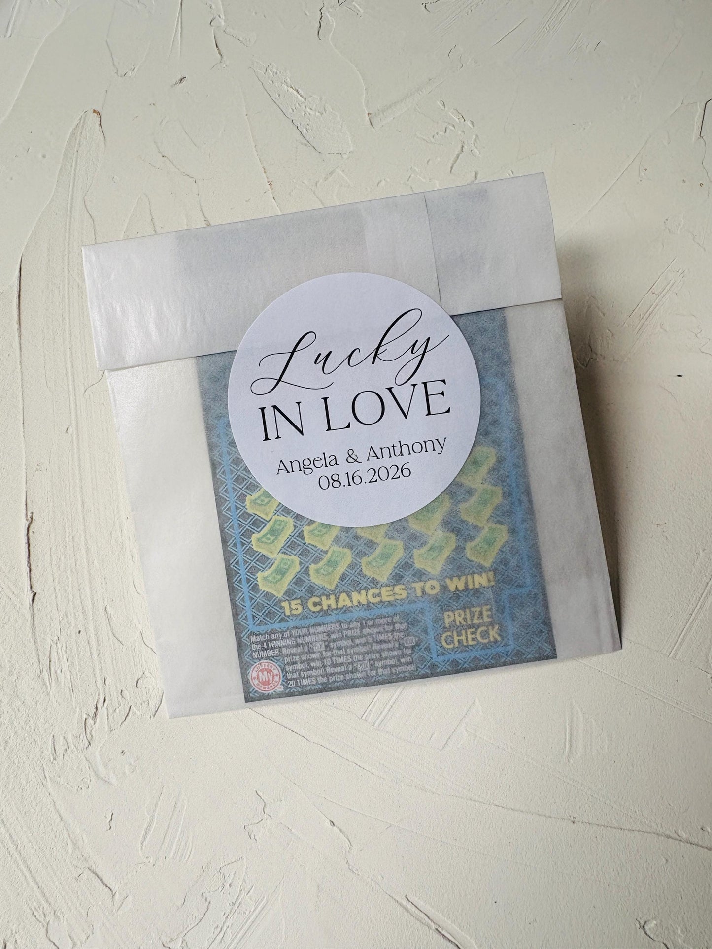 Lucky in Love Stickers for Lottery ticket Wedding Favors. Personalized Labels