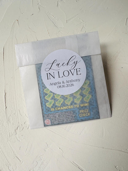 Lucky in Love Stickers for Lottery ticket Wedding Favors. Personalized Labels