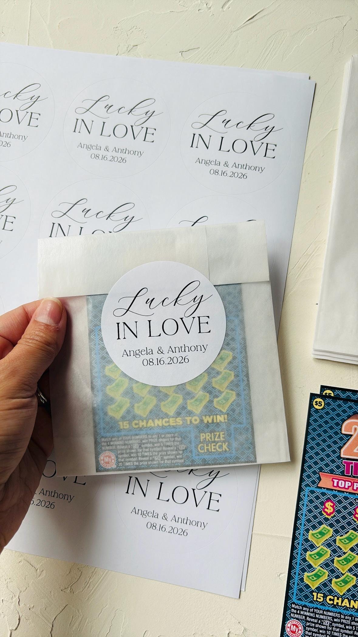 Lucky in Love Stickers for Lottery ticket Wedding Favors. Personalized Labels